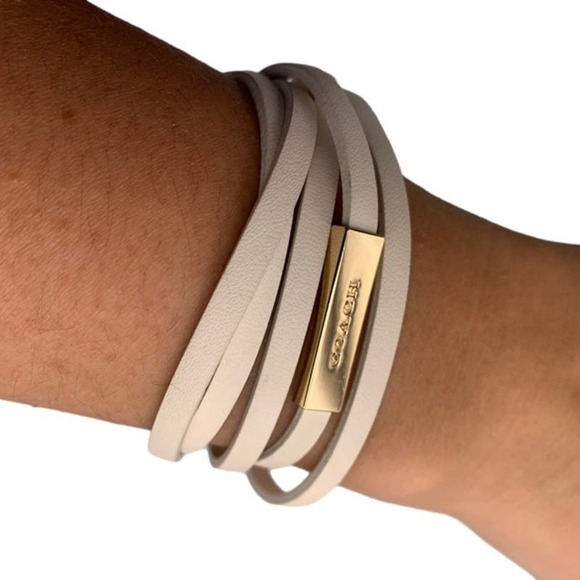 COACH Classic Leather Multi Strands Wrapped White Chalk Gold Tone Bracelet - Picture 1 of 4